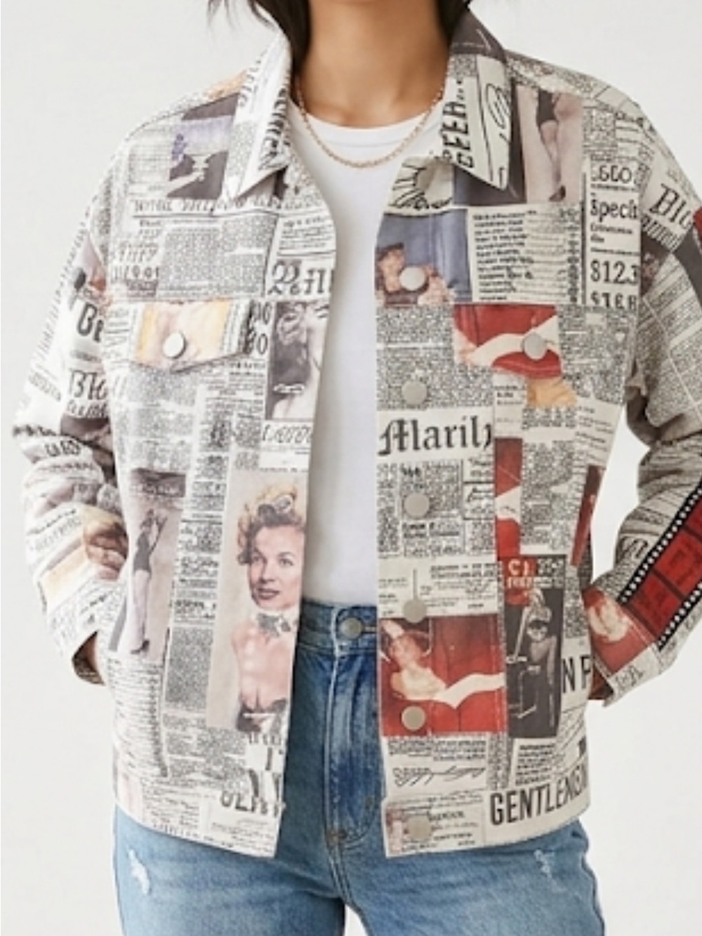 NWT Marilyn Monroe Newspaper Print Button-Up Denim Jacket PTP 21”